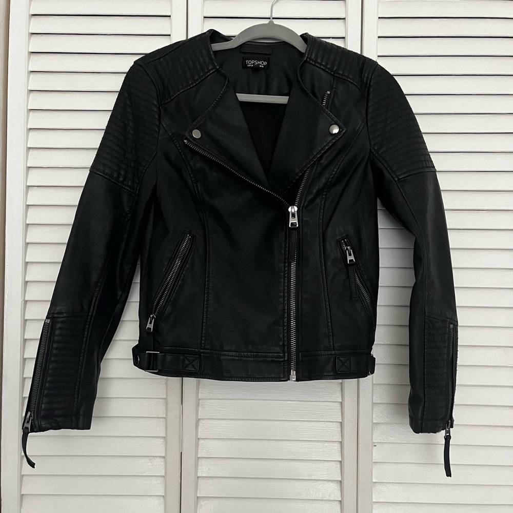 Topshop Women’s Black Faux Leather Biker Jacket Size 6